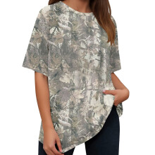 T-shirts à manches courtes pour femmes, hauts d'été 2025, imprimé camouflage tendance printemps, manches mi-longues, col rond, coupe ample.