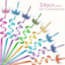 Paille spirale créative pour fête, paille en plastique réutilisable, idéale pour les fêtes d'anniversaire à thème, avec 2 goupillons de