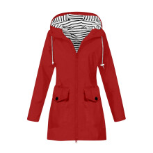 Waterdichte damesjas met capuchon voor herfst en winter, winddicht, lange mouwen, meerdere zakken, casual outdoorjas voor dames (rood, maat L)