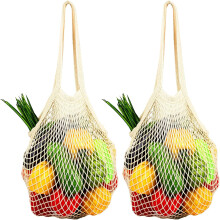 2er-Pack Premium-Einkaufsnetze aus Netzstoff, wiederverwendbare Obst- und Gemüsenetze mit langem Henkel, 100 % Baumwolle, Beige