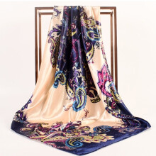 Lenço de seda feminino com estampa de flores de caju em cetim, ideal para primavera e verão.