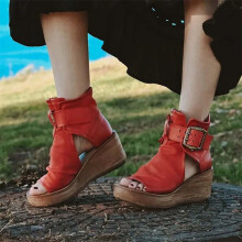 Sandali da donna con zeppa alta, suola spessa, modello a bocca di pesce, stile romano, scarpe casual estive, colore rosso35