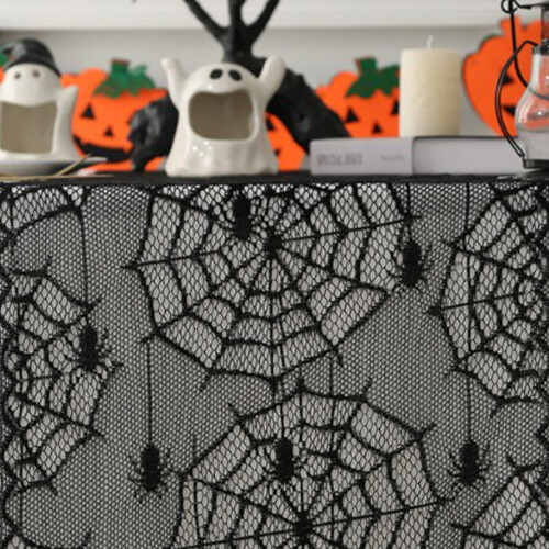 Halloween-dug med spindelvæv, sort blonde, 100x100 cm 1