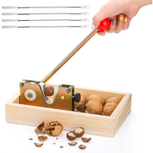 Casse-noix manuel robuste avec 4 fourchettes et base en bois – Écalateur réglable pour noix de macadamia, noix, noix de pécan, châtaignes,
