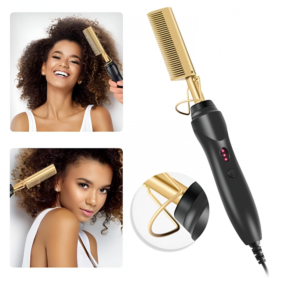 Gold Hibibud Electric Heating Comb, Ceramic Heat Pressing Comb Brush Hair Straightener, Curling Hair Straightening Comb (Gold)