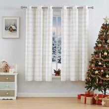Short Buffalo Plaid Light Filtering Curtains 40"x54"x2, Tan & White Grommet Linen Panels, Farmhouse Checkered Geo Trellis, Compatible with Standard