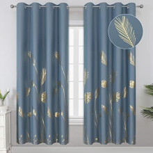 Stone Blue Blackout Curtains 52x72", Gold Palm Pattern, Light Blocking & Thermal Insulated, 2 Panels, Compatible with Standard Rods