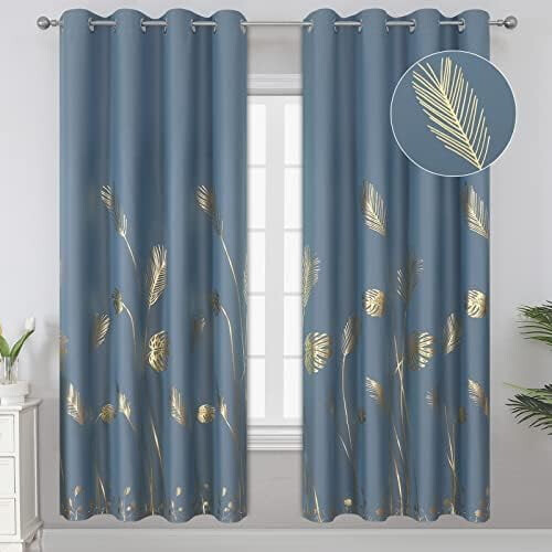 Stone Blue Blackout Curtains 52x72" Gold Palm Pattern 2