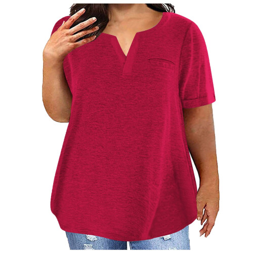 Γυναικεία Μπλούζα Plus Size με Κοντομάνικα και V Λαιμόκοψη, Μονόχρωμα T-shirts, Απλό