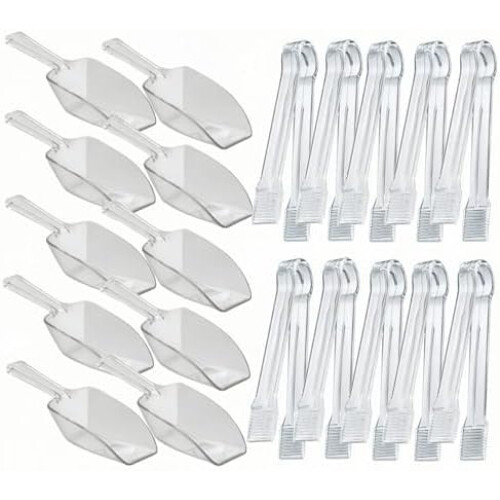 20-Piece Clear Plastic Buffet Tongs and Ice Scoops