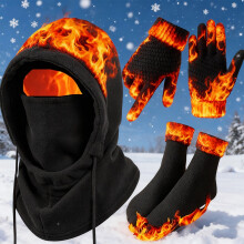 Men's Cycling Daily Warm Winter Fleece Lined Beanie Hat Integrated Multi-Functional Hood, Warm Gloves, Cotton Socks Set A