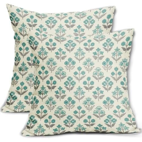 Kussensloop met blokprint, 18x18 inch, blauwgroen, polyester