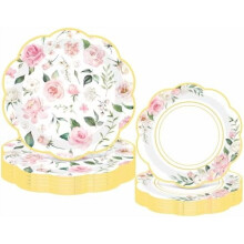 Farfurii de hârtie roz cu motive florale, 23 cm și 18 cm, 100 bucăți