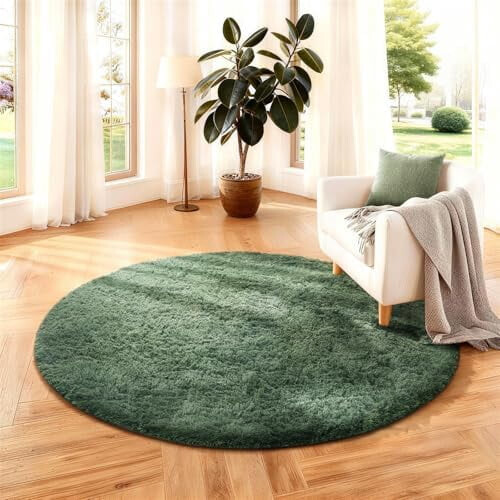 120 cm rundt grågrønt, raggeteppe, plysj polyester
