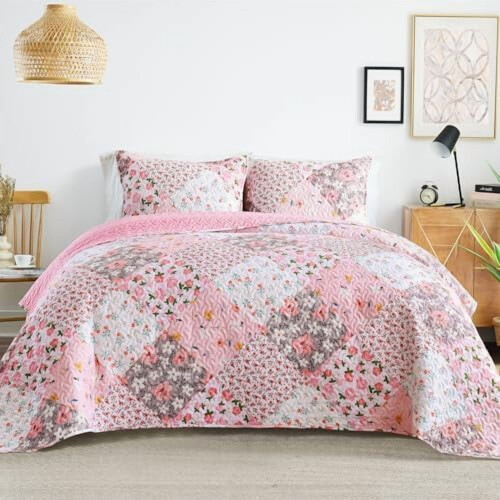 Boho Floral Reversible Quilt Set King Size with 2