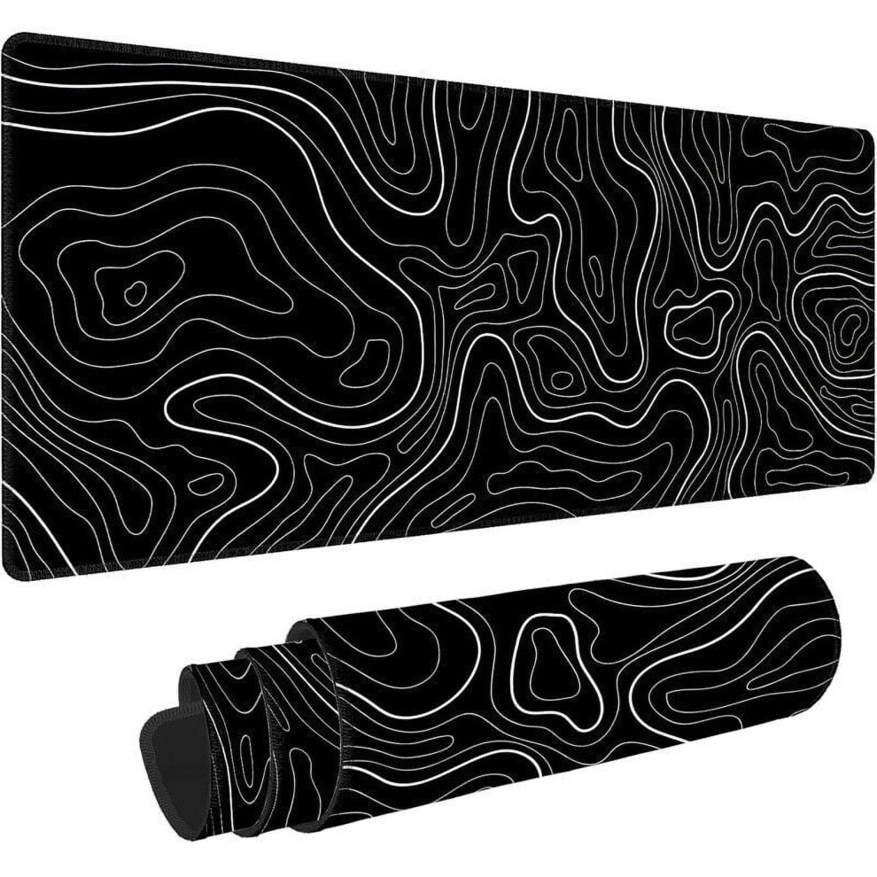 Large Gaming Mouse Pad With Stitched Edges, 31X11.8 Inch Minimalist Topographic Map Extended Desk Keyboard Mat White/Black 9422877804153