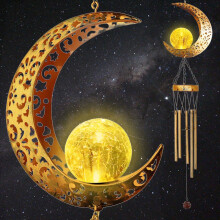 Solar Moon Wind Chime Bronze Metal with Crackle Glass Ball