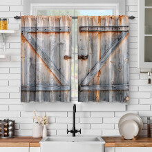 Wooden Barn Kitchen Curtains – Vintage Farmhouse Short Cafe Tier Curtains, Rod Pocket, 24" L, 2-Pc Set