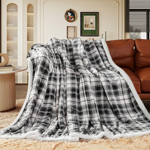 Grey Plaid Sherpa Throw Blanket 50" x 60"