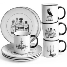 8-Pc Halloween Dinnerware Set: 8" Vintage Plates & 11oz Mugs – Ceramic Gothic Dessert/Coffee Set for Indoor/Outdoor Use, Gift – Compatible with