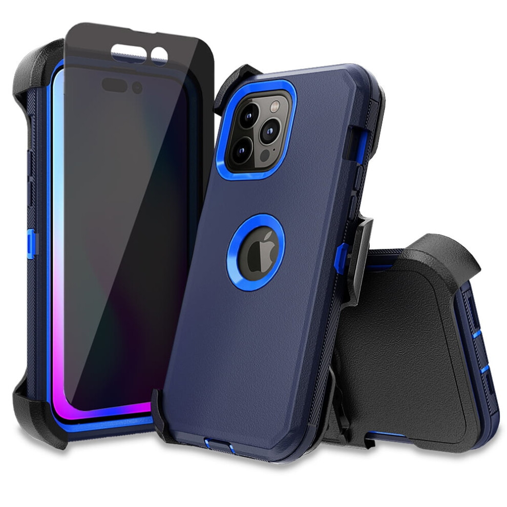 Xhy Iphone 14 Pro Case W/ Belt Clip, Privacy Screen Protector, Military-Grade Armor – Compatible With Iphone 14 Pro 6.1" (2022) – Blue+ Dark/Blue 9085618829961