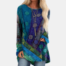 Damen-Sweatshirt mit Rundhalsausschnitt, Ethno-Print, lässig, langärmlig, Übergröße