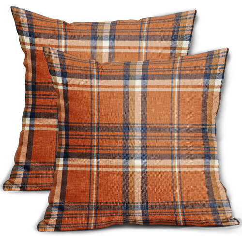 Conjunto de 2 capas de almofada xadrez laranja e azul, 50x50cm (20x20 polegadas).