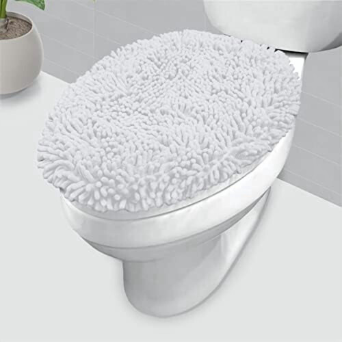 Chenille Microfiber Toilet Lid Cover White 18x21 in