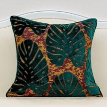 Fodera per cuscino in velluto tagliato con ricamo a foglie, 45x45 cm, color verde acqua.