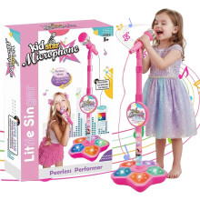 Set microfono e supporto per bambini con altezza regolabile, luci, effetto eco e altoparlante.