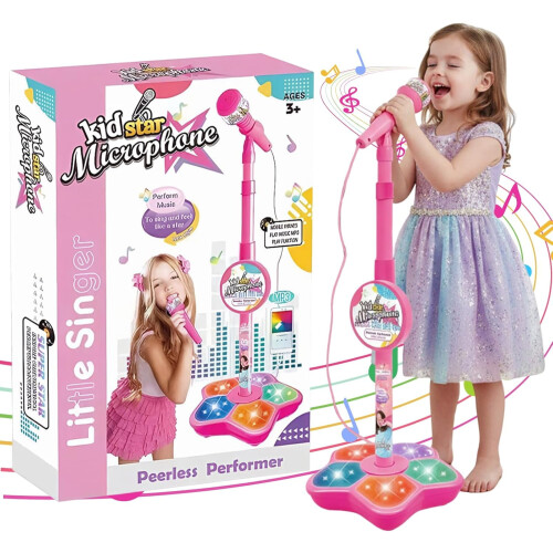 Set microfono e supporto per bambini con altezza regolabile, luci, effetto eco e altoparlante.