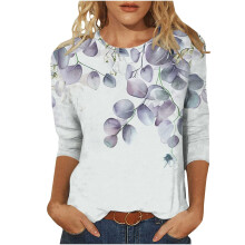 Graue Langarm-Tops für Damen, Frühling 2024: Trendiges Langarm-Top aus Polyester mit Rundhalsausschnitt und Blumenmuster, Größe L