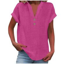 Tunique décontractée à manches courtes et col en V pour femme VERUGU, en coton et lin, rose fuchsia, taille 4XL