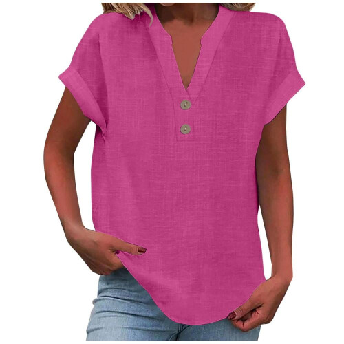 VERUGU Γυναικείο Μπλούζα με Κοντομάνικο και V-Neck, από Βαμβάκι και Λινό, Μονόχρωμο,