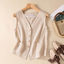 Colete feminino YOUSNH em algodão e linho, estilo casual, solto, com decote em V e sem mangas, bege_002M
