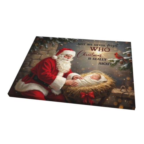 Canvas kunstprint van de Kerstman en het kindje Jezus 1