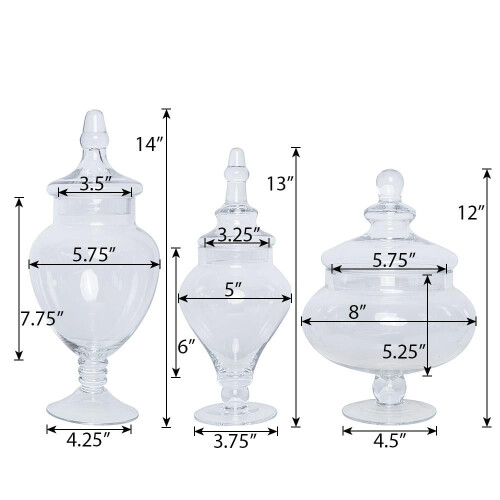 Conjunto de 3 potes de vidro transparente para boticário com tampas, tamanhos 10, 12 e 14 polegadas. 1