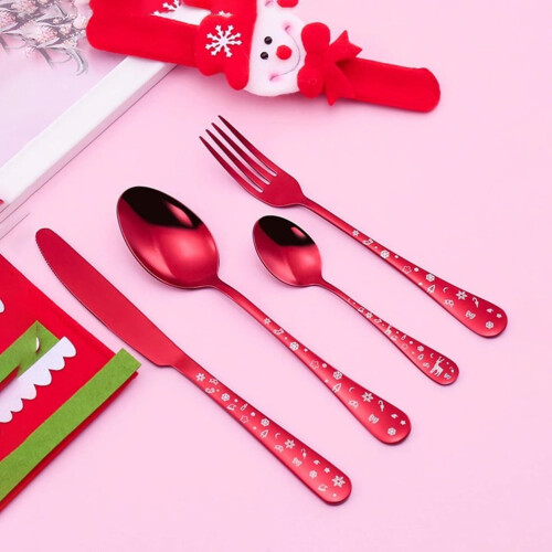 2 Sets Stainless Steel Tableware Spoon Fork Cutter Set Home Tableware (Red) 2