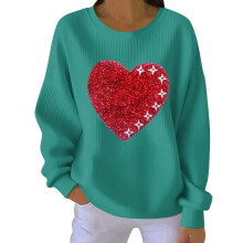 Sweat-shirt femme Saint-Valentin imprimé cœur, col rond côtelé, manches longues