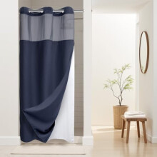 Stall Heavy, vaffelvævet bruseforhæng uden kroge, prikket og med trykknaplukning - 36B x 74H, hotelkvalitet, spa-lignende badeforhæng, marineblå