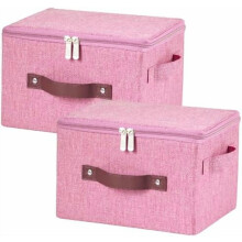 2er-Pack kleine, faltbare Aufbewahrungsboxen aus Baumwoll-Leinen-Mischgewebe in Rosa mit Reißverschlussdeckel, Griffen aus PU-Leder, waschbar und