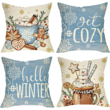 Fețe de pernă Hello Winter Blue 16x16 (4 buc), design confortabil cu cacao/turtă dulce/fulg de zăpadă, decor sezonier pentru interior/exterior,