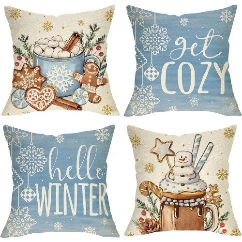 Μαξιλαροθήκες Hello Winter Blue 16x16 (4 τεμάχια), Ζεστό σχέδιο σε χρώμα