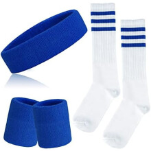 5 Pieces Sweatbands Striped Socks Set Sports Headband Wristbands High Tube Socks 80s Accessories Costumes