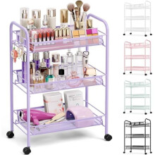 3-Tier Metal Rolling Cart with Mesh Shelves, 3 Hooks & Wheels – Compatible with Kitchen, Bathroom, Laundry Room