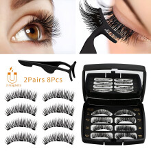2 Pairs Magnetic Eyelashes Dual Magnets False Eyelashes Reusable 3D No Glue 3 Fake Lashes Extension with Tweezers for Women Makeup, 8 Pieces