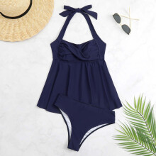 Damen-Tankini-Badeanzug-Set mit Neckholder und Volant (Mehrere Farben: Olivgrün/Schwarz/Burgunderrot/Marineblau)