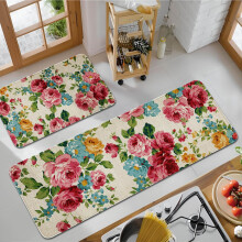 Kitchen Mats for Floor Set of 2 Pieces Kitchen Rugs and Mats Non Skid Washable Kitchen Floor Mat (Pink Red Roses Floral), 17''''x47''''+17''''x30''''