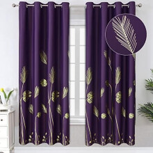 Purple blackout curtains 52x72 inch with gold palm pattern,