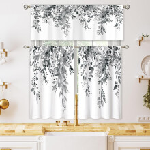 Grey Eucalyptus Botanical Kitchen Curtains Set – 3-Pc Tier & Valance, 36", Farmhouse/Boho Style, Compatible with Standard Rods